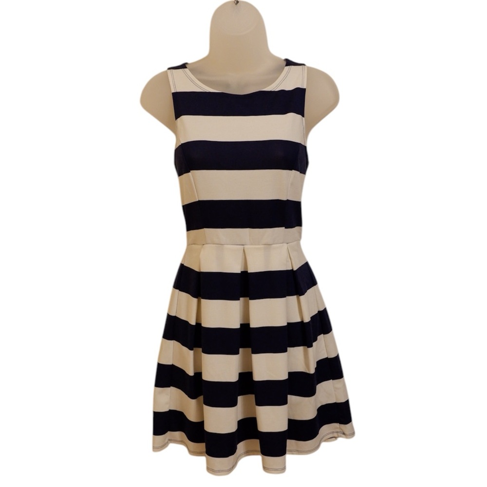 Striped Sleeveless Dress - Navy Blue and Cream